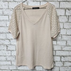Merokeety Women's Beige Short Lace Sleeve V-Neck Top Size L